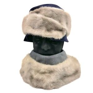 Vintage Mr. John Jr. Navy Velour Fur Trimmed Hat and Collar Set